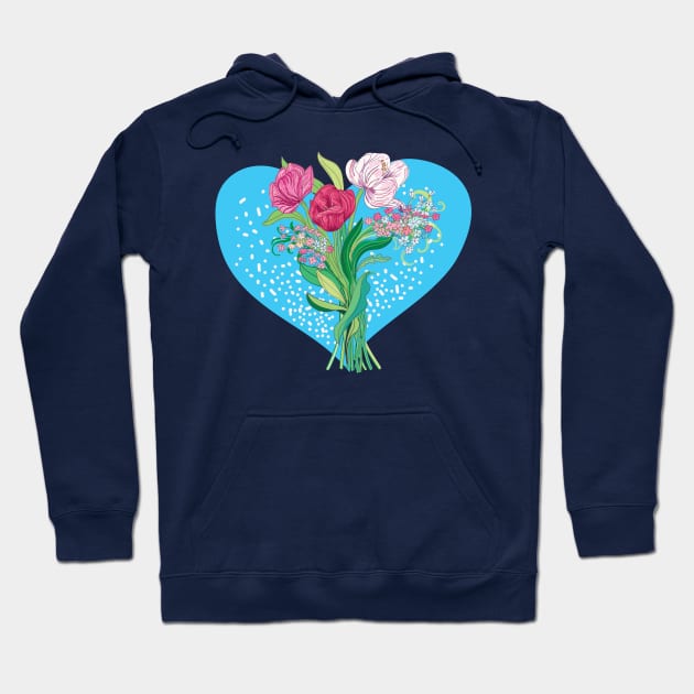 Spring flowers and tulips in blue heart shape Hoodie by IngaDesign